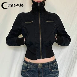 CIBBAR Streetwear giacca con Zip nera autunno inverno dolcevita manica intera giacche ritagliate per donna y2k Vintage Ladies Outwear