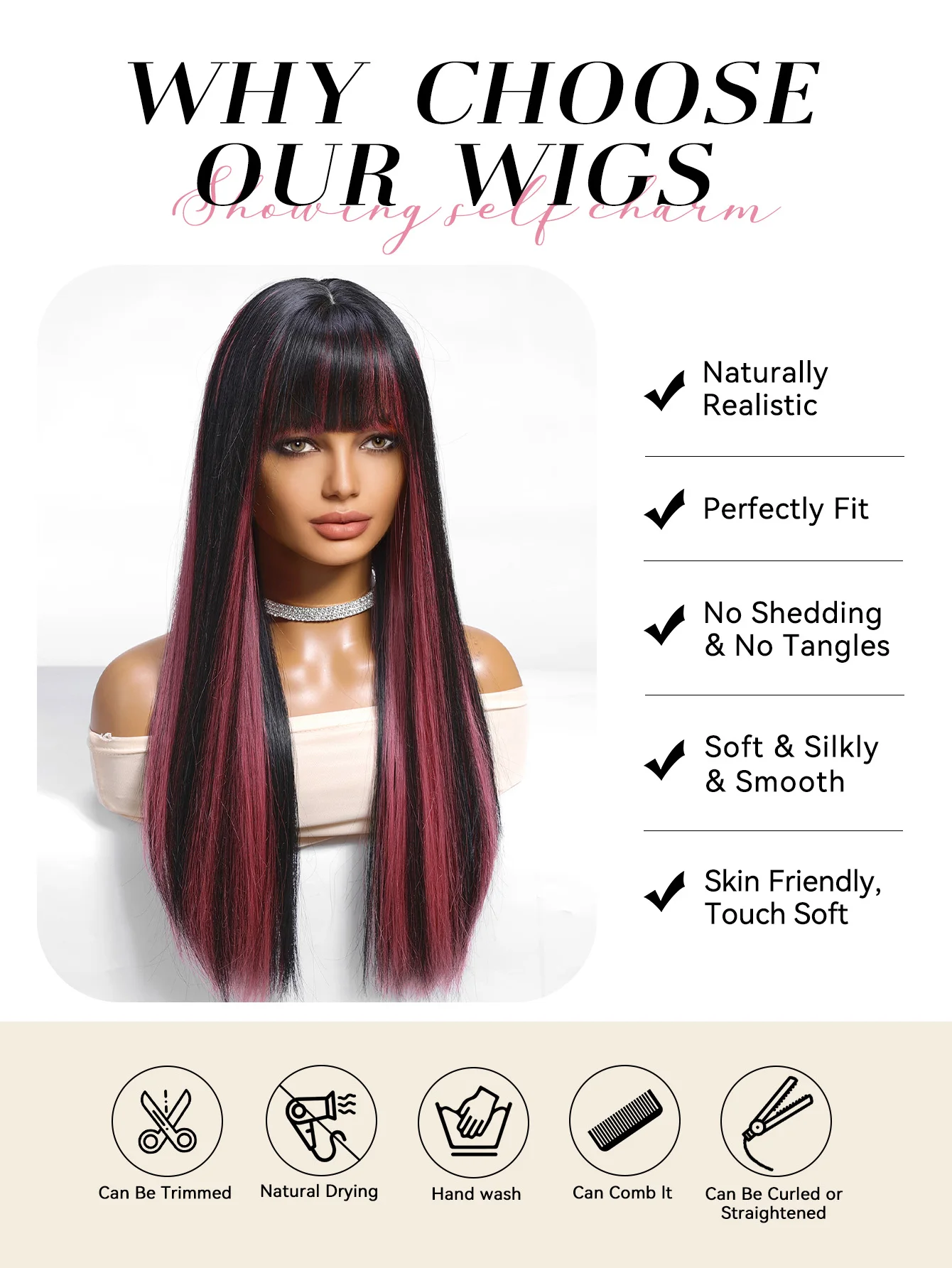 Schwarze Highlight-Rosa-Synthetik-Perücke mit Pony, lange gerade schwarze Highlight-rote Perücke für Frauen, Cosplay, Party, Weihnachten, 66 cm – Detail 6