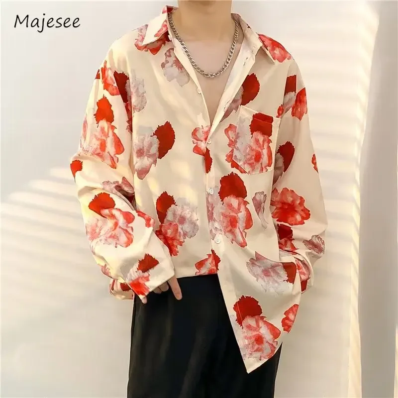 

M-3XL Floral Shirts Men Vintage Chic Autumn Long Sleeve Tops Male All-match Couple Unisex Soft Hot Sales High Street Sun-proof