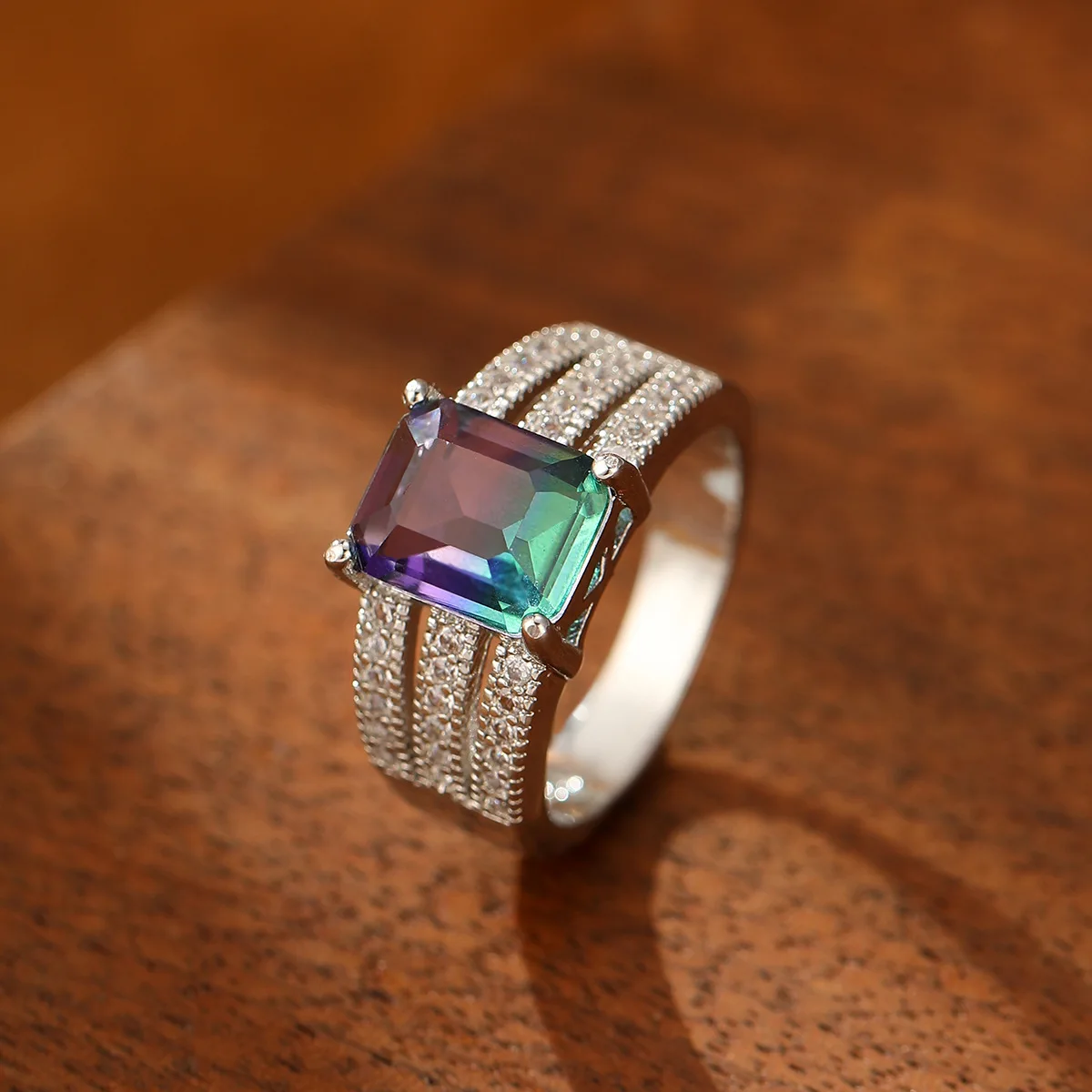 Rectangular Purple Green Gradient Tourmaline Ring Women 925 Sterling Silver Princess Cut Wedding Ring Band Girls Gift Jewelry