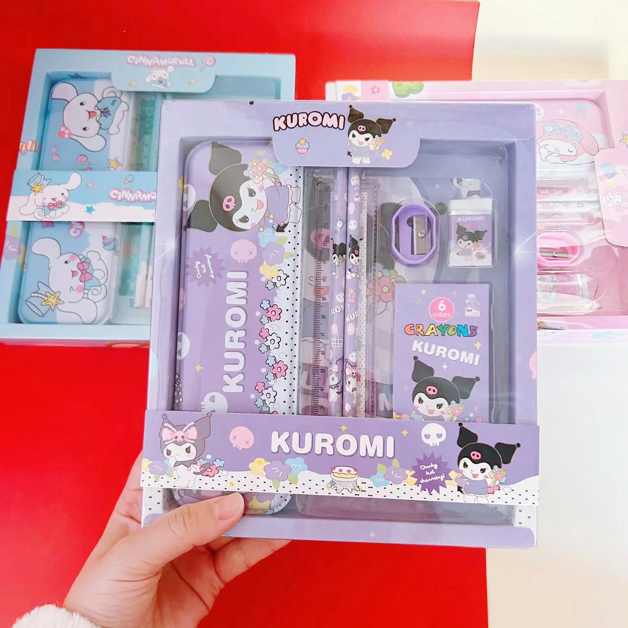 Cute Sanrio Cartoon Kuromi Melody Cinnamoroll Stationery Set Pencil Ruler Pen Case Set Student Stationery Children Gift Prizes