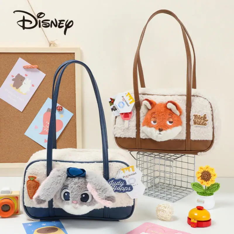 Nuevas llegadas de invierno, bolso de felpa para axila de Disney Zootopia, bolsos de moda informales para mujer, bolso de Material mixto de PU de felpa de dibujos animados de Nick Wilde