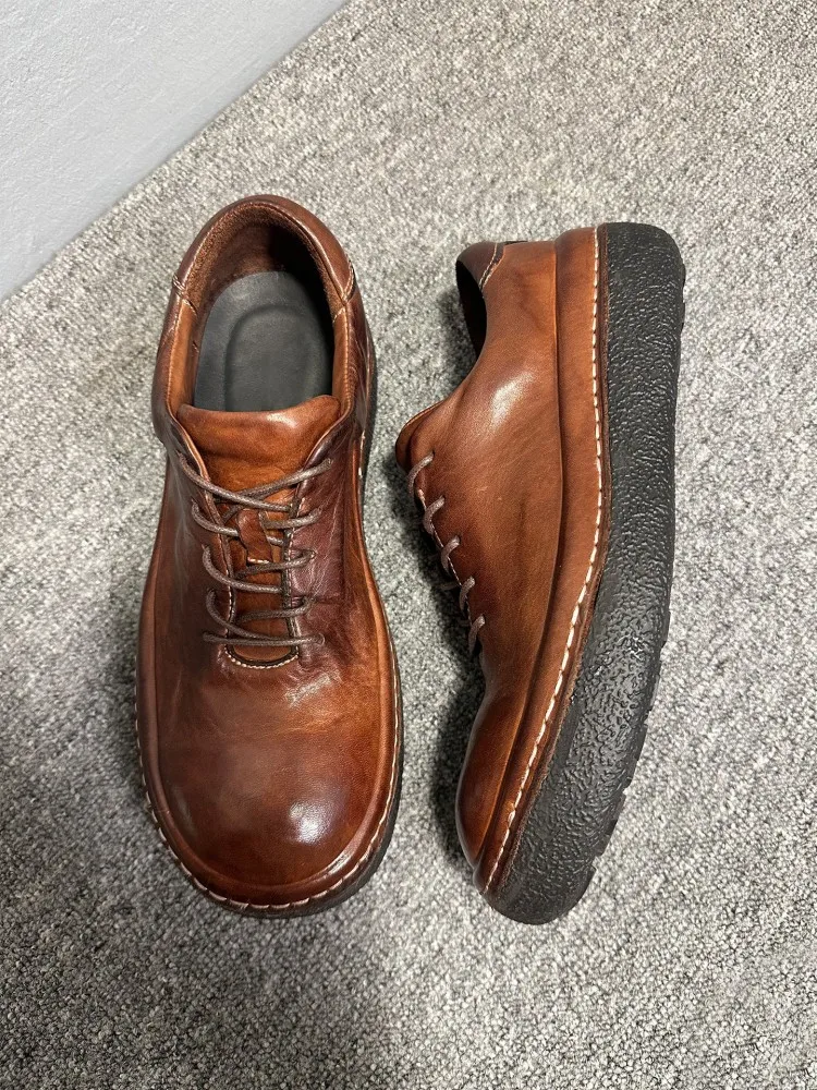 Vintage Male Business Work Horsehide Genuine Leather Low Cut Lace Up Round Toe Versatile Mens Outdoor Casual Comfortable Shoes