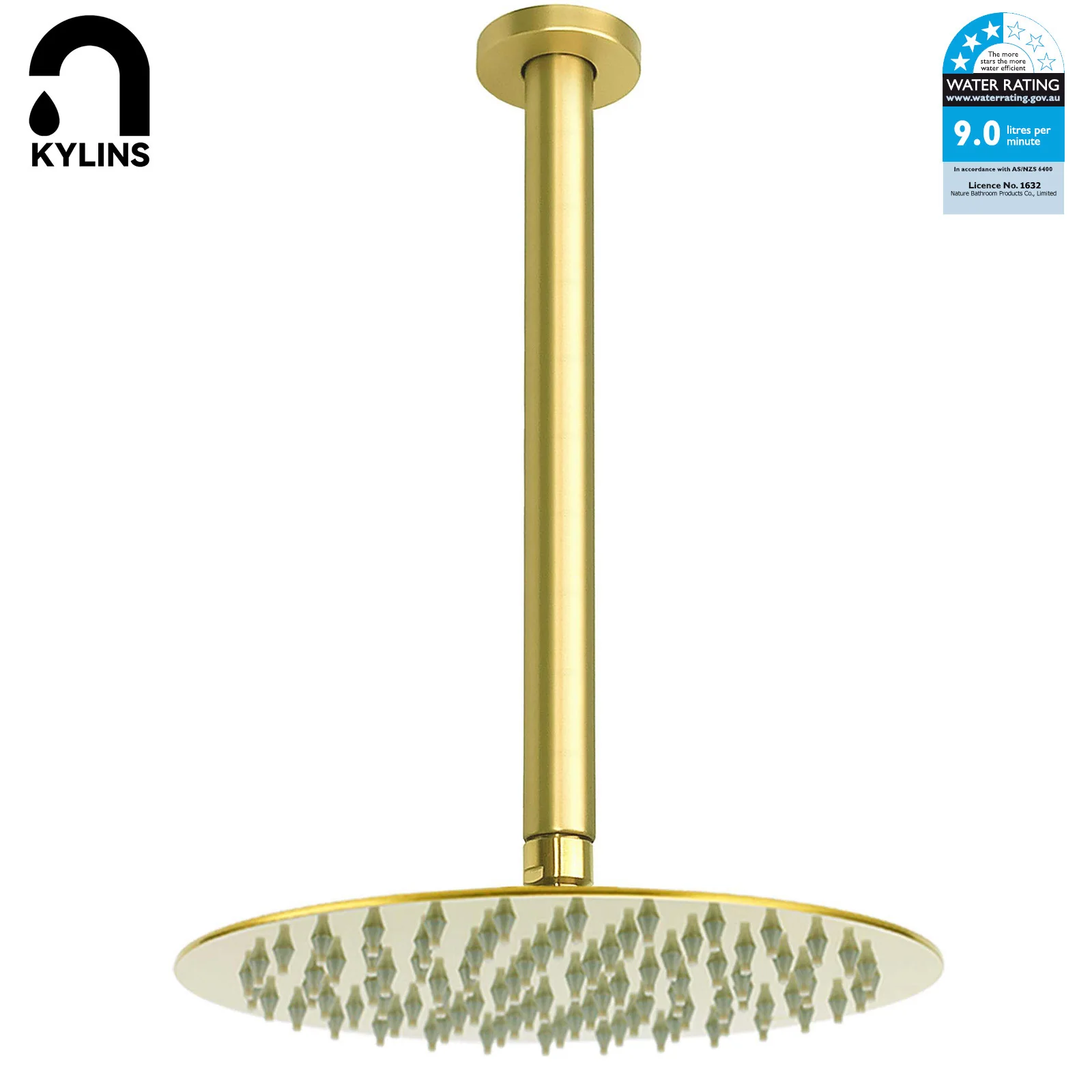 

KYLINS Brushed Gold Round 8 Inch 10 Inch 12 Inch Round Rainfall Shower Head + 300mm Ceiling Arm Set Bathroom Watermark Wels