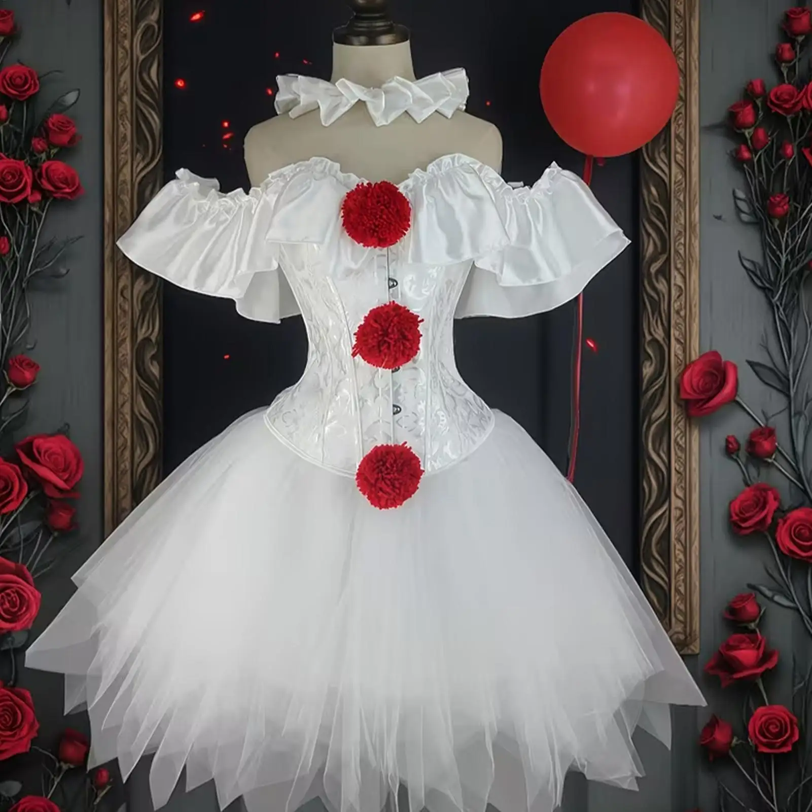 Kids Halloween Clown Cosplay Costume Tulle Tutu Dress Girls Scary Theme Fancy Dress Outfit with Accessories for Party Role Play
