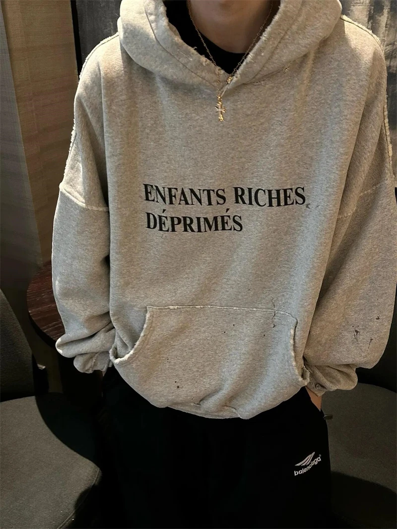 

ERD High Quality Letter Slogan Printed Vintage Hoodie High Street American Casual Lazy Style Trendy Cotton Street Hip Hop Rock