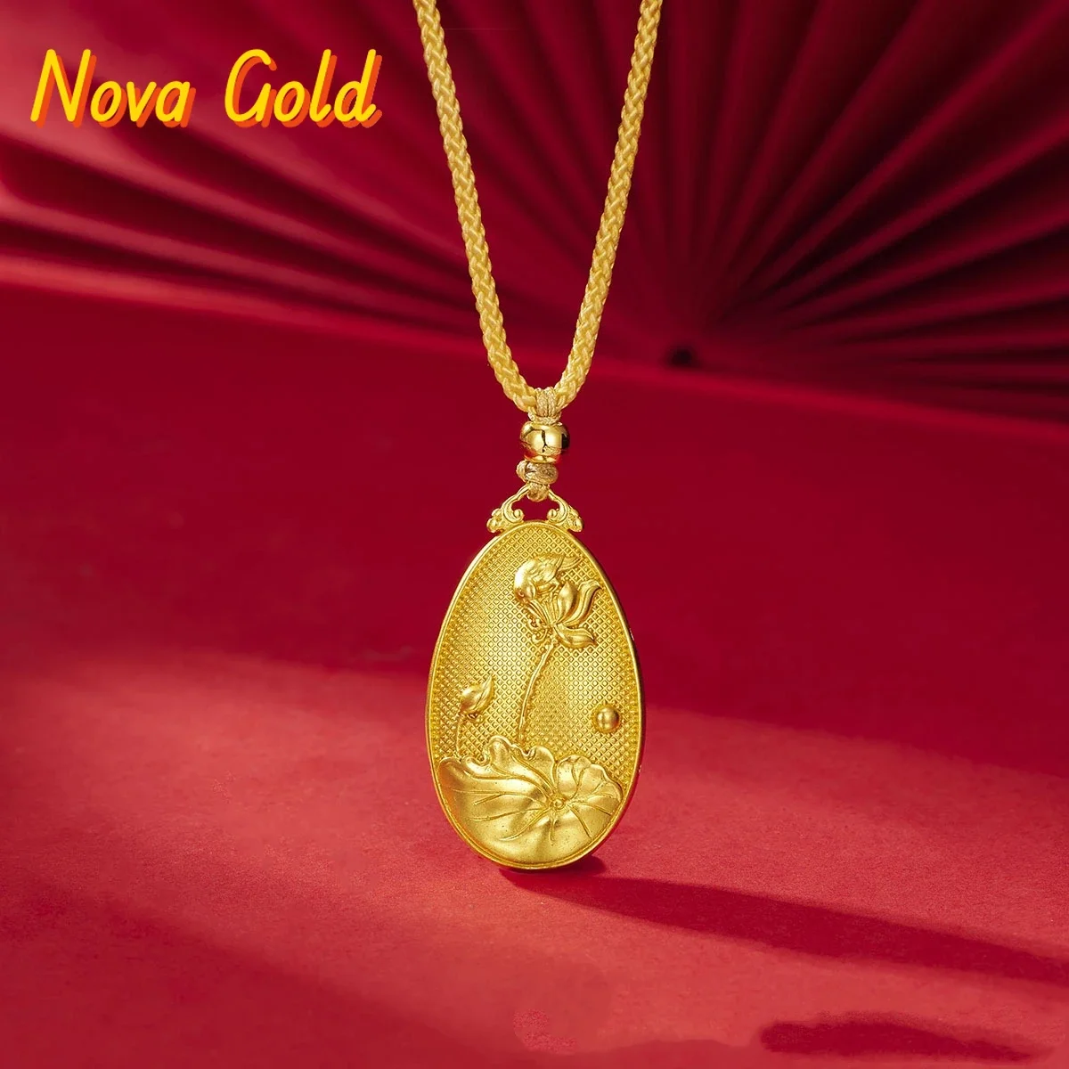 NovaGlod Gold shop 24K real gold water droplet pendant lotus seed pendant au9999 pure gold necklace for women braided necklace