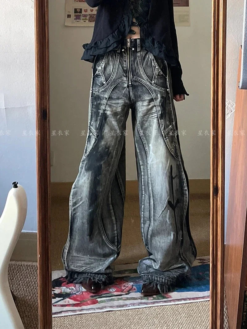 Washed Tie Dye Jeans Personality Wide Leg Baggy Denim Pants Harajuku Y2k American Retro Street Female Trouser Hip-hop Punk