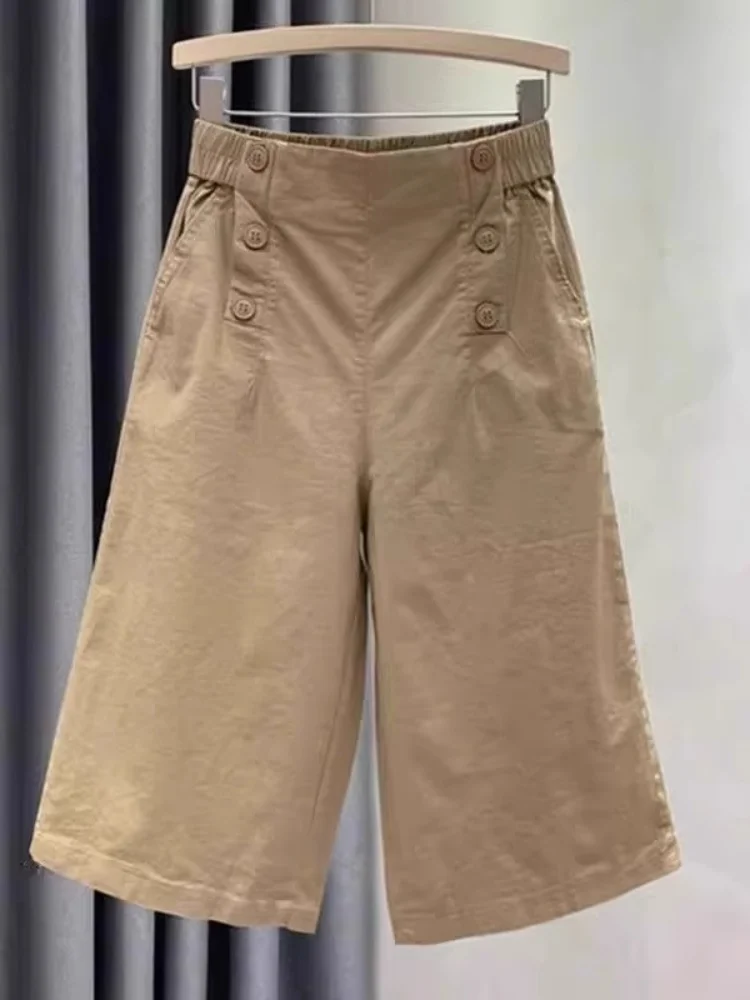 

Loose Fit Pure Cotton Casual Pants for Middle-Aged And ly Women Elastic Waist Seven-Foot Wide Leg Straight Five-Piece Pa...