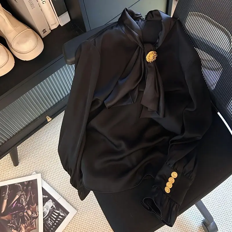 

Black Ruffled Shirt for Women in Spring New French High-end Temperament Celebrity Light Luxury Acetate Satin Top