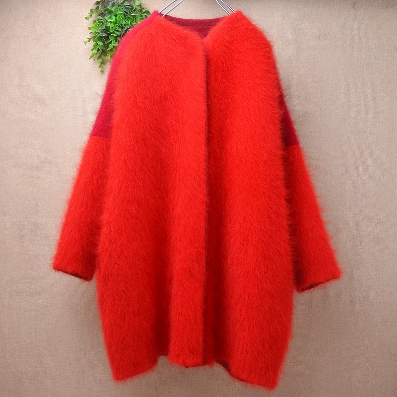 

Women Mujer Fall Winter Thick Colored Red Hairy Mink Cashmere Knitted Long Sleeves Loose Cardigans Angora Fur Sweater Jacket Top