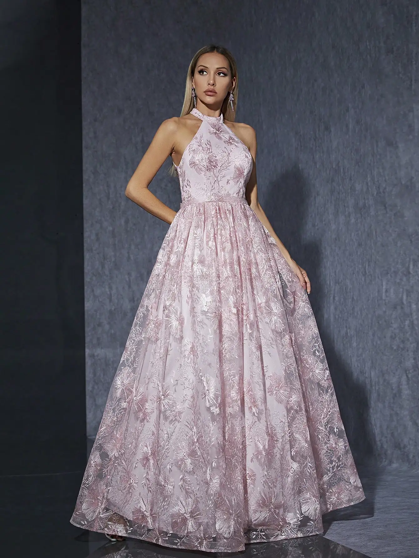 MGIACY Wysokiej klasy suknia wieczorowa z kopertowym golfem i haftowaną koronką bez rękawów