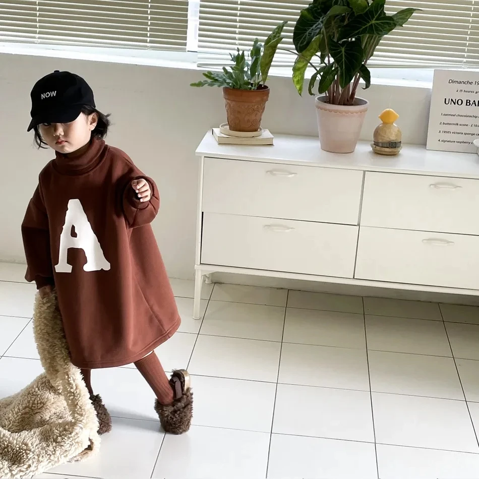 Vestido de terciopelo grueso para niñas de 2 a 12 años, sudaderas con capucha de manga larga y cuello alto, trajes casuales cálidos para niños