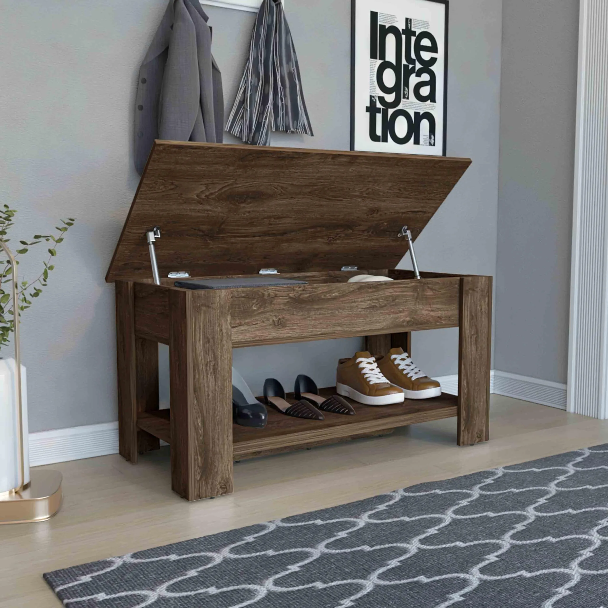 Storage Table with Liftable Top and Lower Shelf, Four-Leg Pale Board Side Table k with Metal Hinges and Shoe Rack for