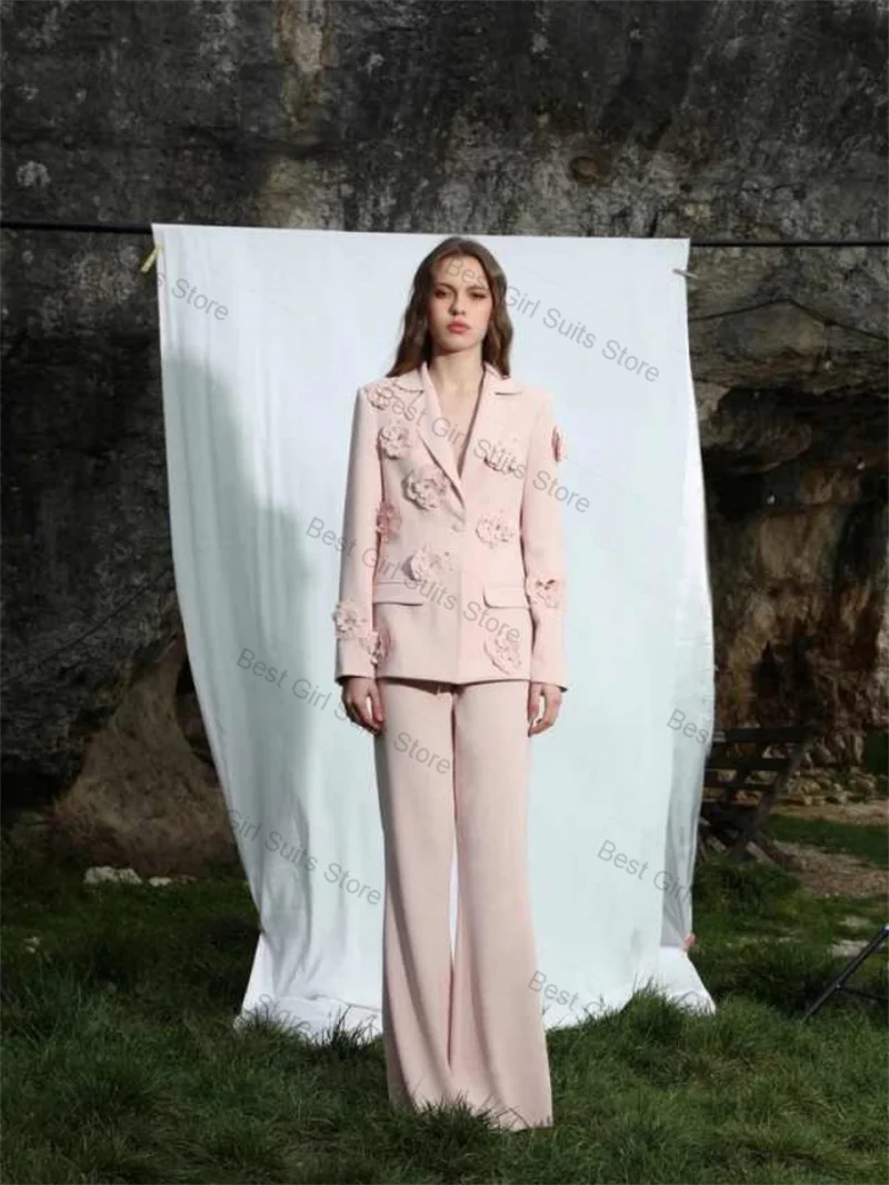 

Pink Summer Women Suit Pants Set 2 Pcs Blazer+Trousers 3D Flower Formal Office Lady Jacket Customized Wedding Tuxedos Coat
