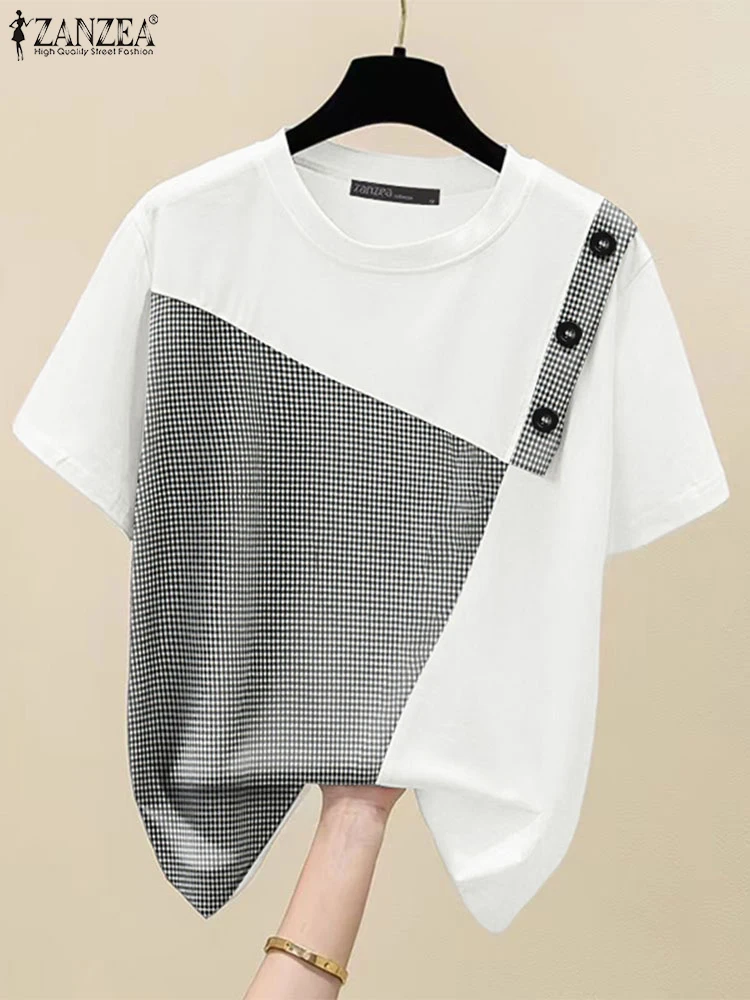 

ZANZEA 2025 New Patchwork Blouse Women Irregular Tops Fashion Short Sleeve Blusas O Neck Summer Tunic Female Spliced Pullover