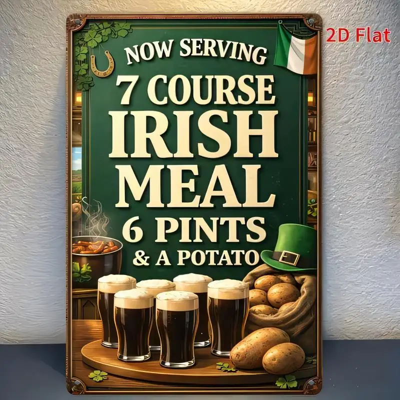 2D Flat Vintage Irish Meal Metal Tin Sign - Retro Wall Decor (Iron, Green) with 6 Pints, Potato, Shamrock, Perfect for St. Patri