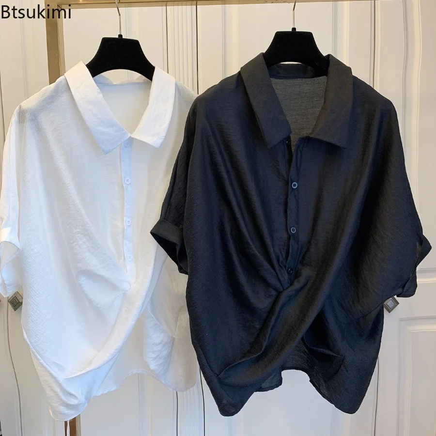 

2025 Summer New Women Shirt Solid Color Loose Crossing Fold Irregular Short Sleeve Shirt Fashion Casual Street Wear Female Tops