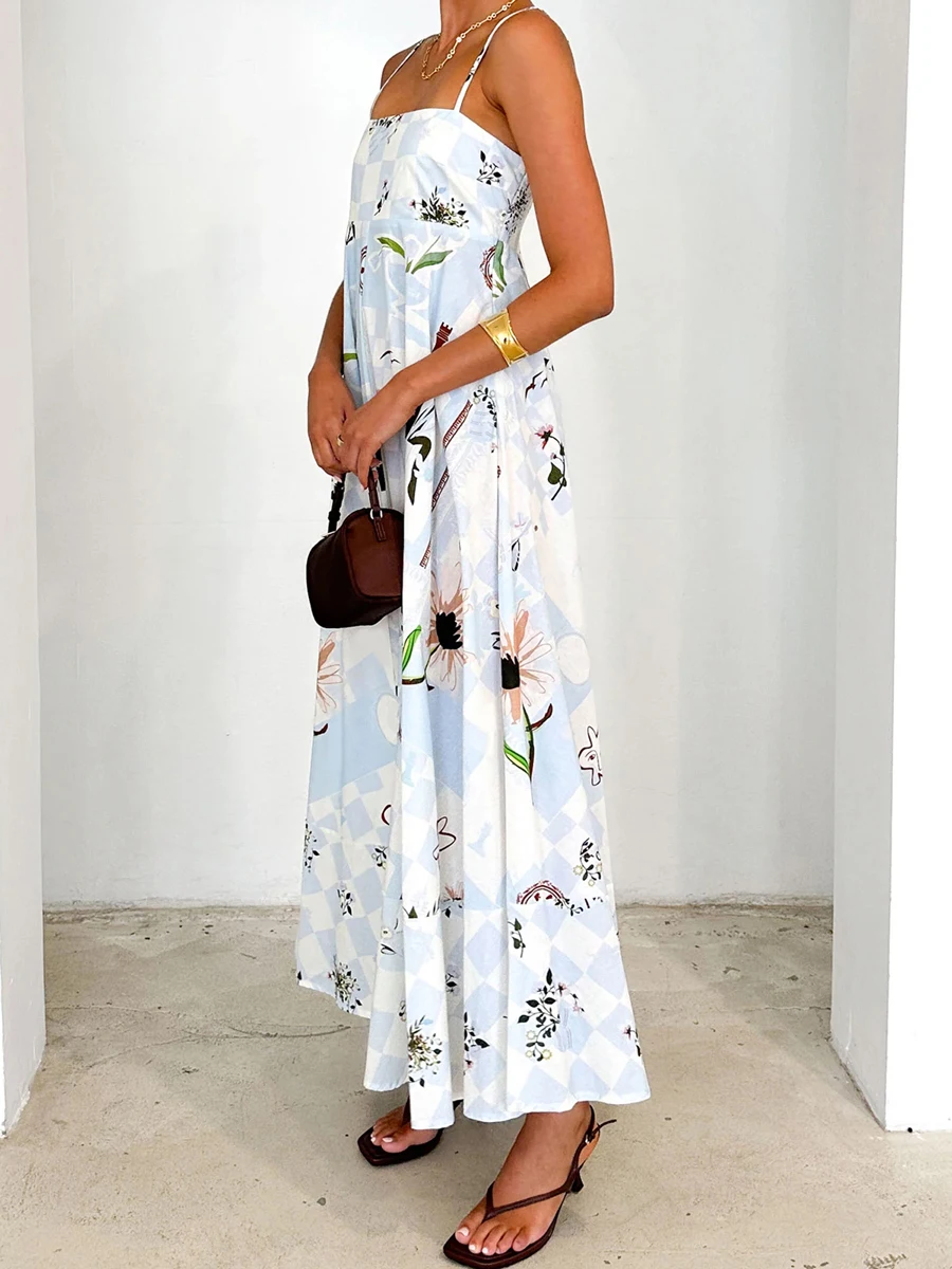 Women's Summer Long Cami Dress Sleeveless Open Back Floral Print Spaghetti Strap Dress