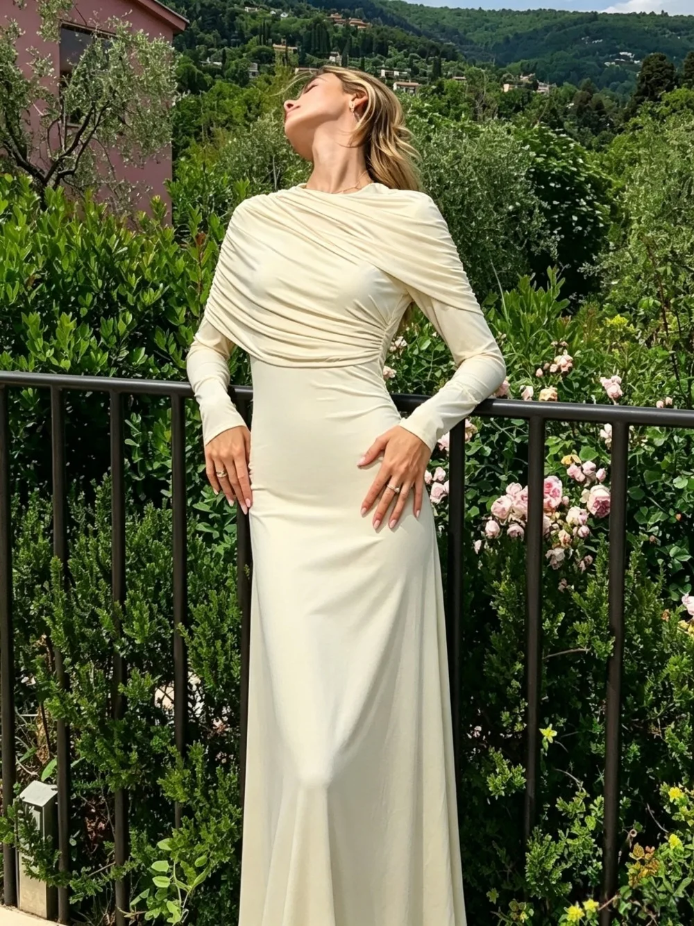 Women Long Sleeve Maxi Dress Draped Shawl Collar Ruched Slim Fit Bodycon Gown Elegant Evening Wedding Party Formal Long Dress