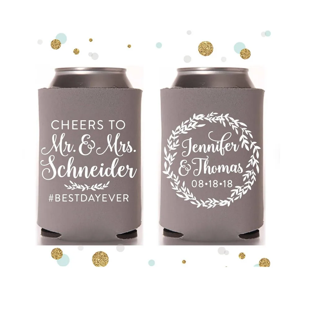 

Cheers to the Mr and Mrs - Wedding Can Cooler #110R - Custom - Wedding Favors, Beverage Insulators, Beer Huggers