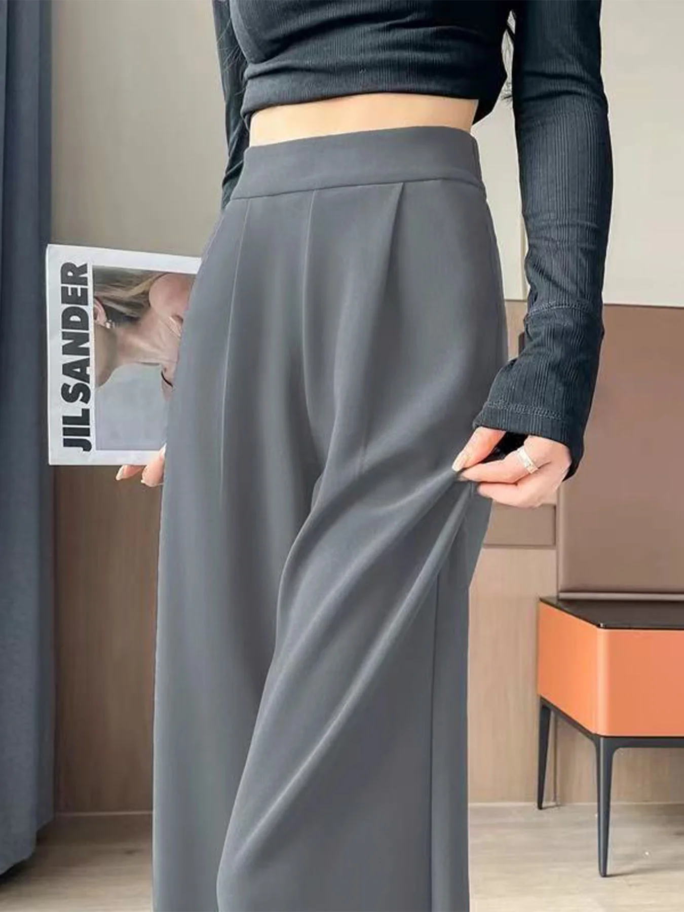 بنطال بدلة نسائي مع ثنيات، كاجوال نحيف مستقيم وواسع الساق، بنطال مستقيم فضفاض عالي الخصر وتنحيف