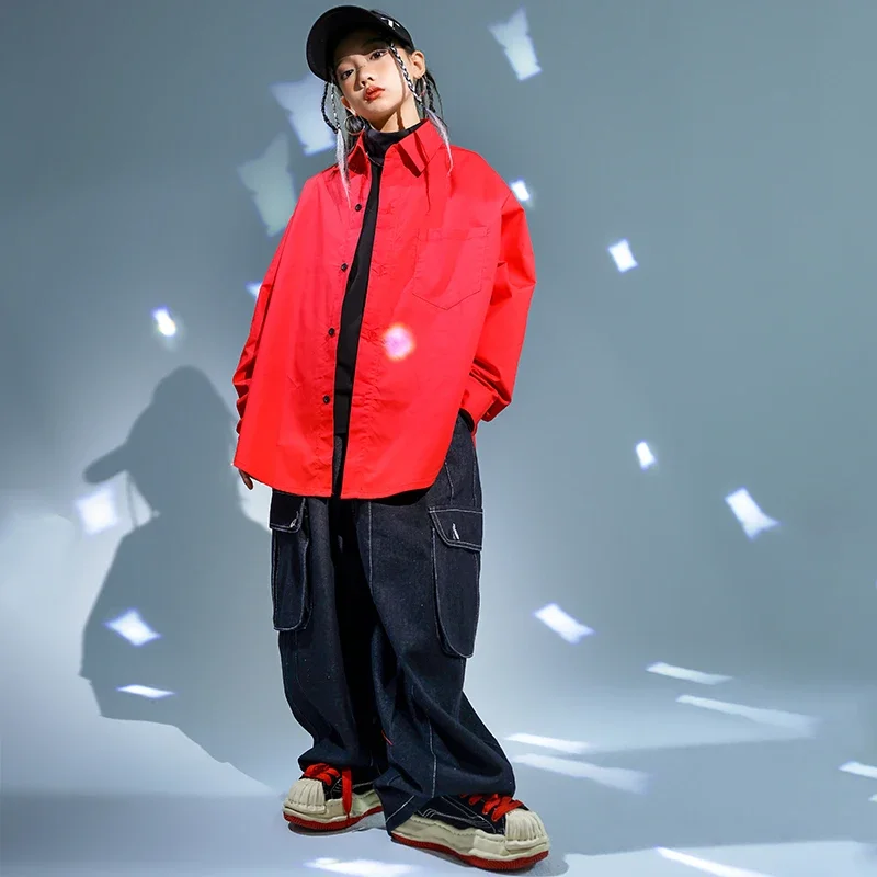 Kinder Hip Hop Kleidung Rote Jacke Mantel Casual Street Strap Cargo Hosen für Mädchen Junge Jazz Dance Kostüm Teenager Kpop Kleidung