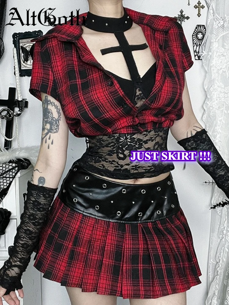 

AltGoth Dark Academia Gothic Skirt Women Vintage Y2k E-girl 2000s Punk Pu Eyelet Patchwork Low Waist A-line Pleated Skirt Female