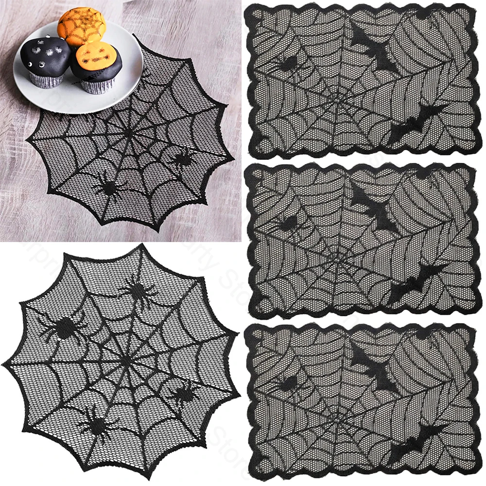 2/4pcs  Halloween Spider Web Placemats Black Lace Spider Web Table Mats Halloween Party Decoration Hollow Out Spiderweb Placemat