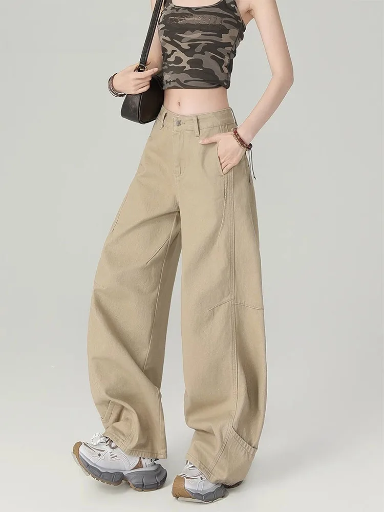 

Широкие джинсы цвета хаки, женские джинсы прямого кроя с высокой талией, повседневные износостойкие американские джинсы с высокой талией для больших размеров