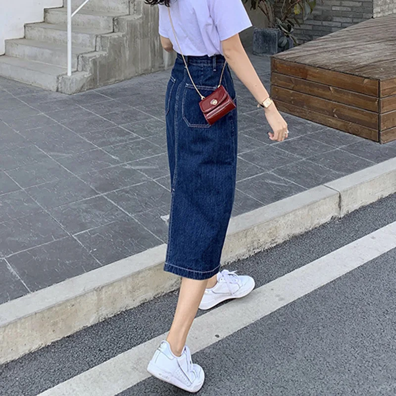 Saia jeans evasê de cintura alta retrô verão novo estilo plus size crimento médio saia bodycon dividida para mulheres jovens