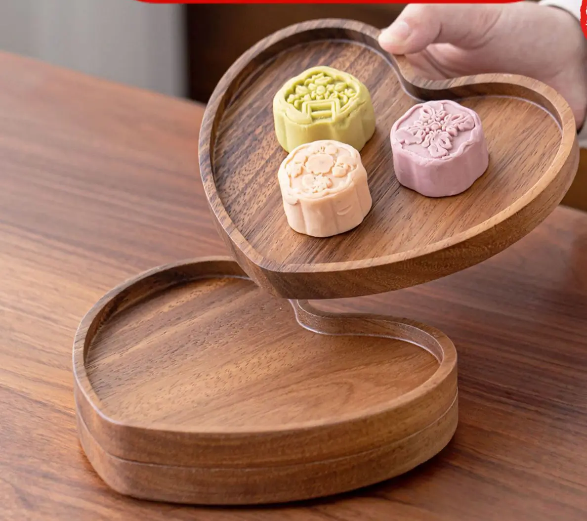 Stapelbares Herz- und Kürbisförmiges Walnussholz-Tablett-Set, Massivholz-Snack- und Schmuckschale, Orientalische Ästhetik Couchtisch-Dekoration