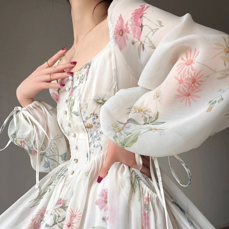 French Dress Forest Flower Rain Fish Bone Slim Printing First Love Fairy Tea Break Spring New Party Long Dress