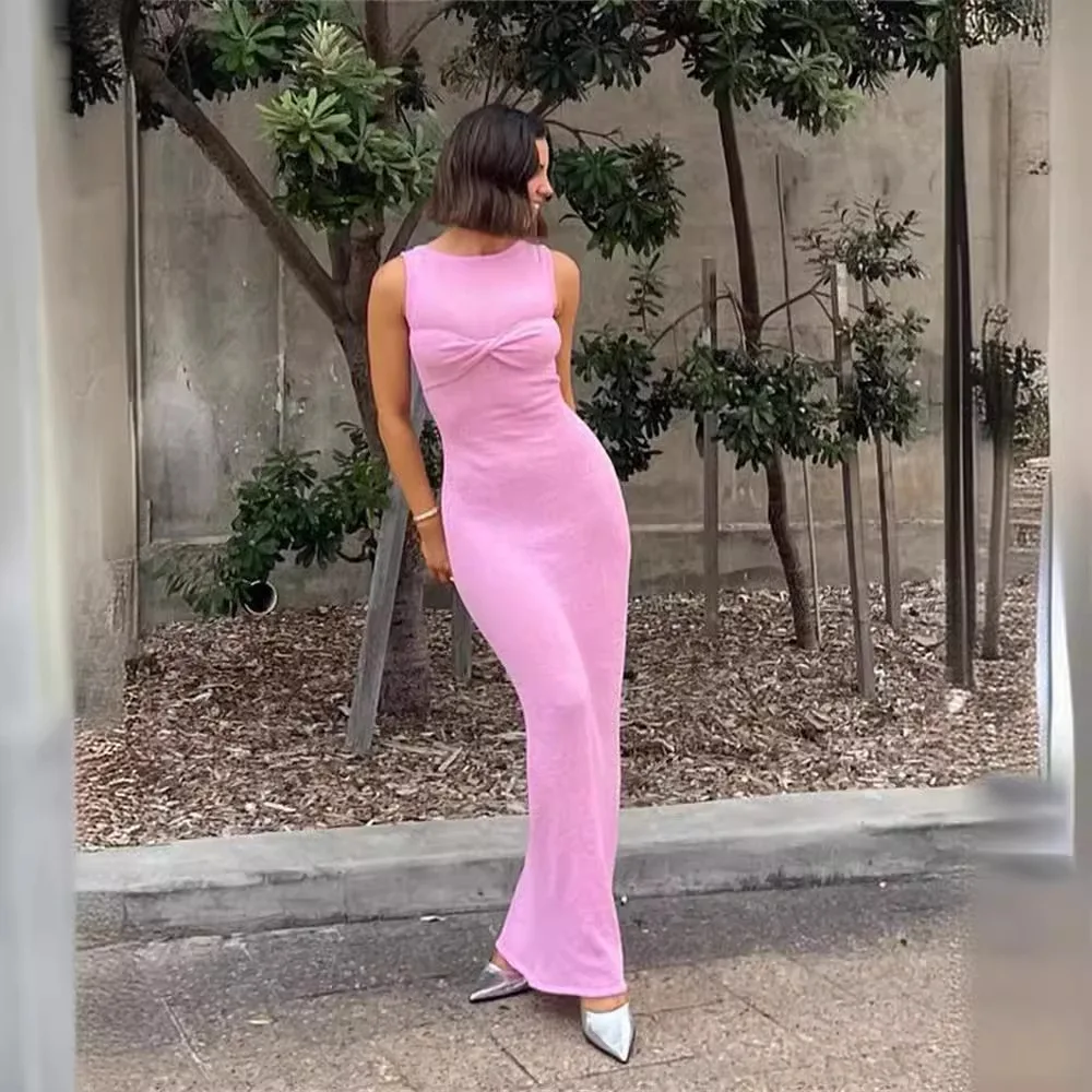 Weiß gestrickt langes Kleid Frauen sexy durch schlanke Strand kleid Sommer elegante Mode ärmellose Urlaub Outfits 2024 rosa