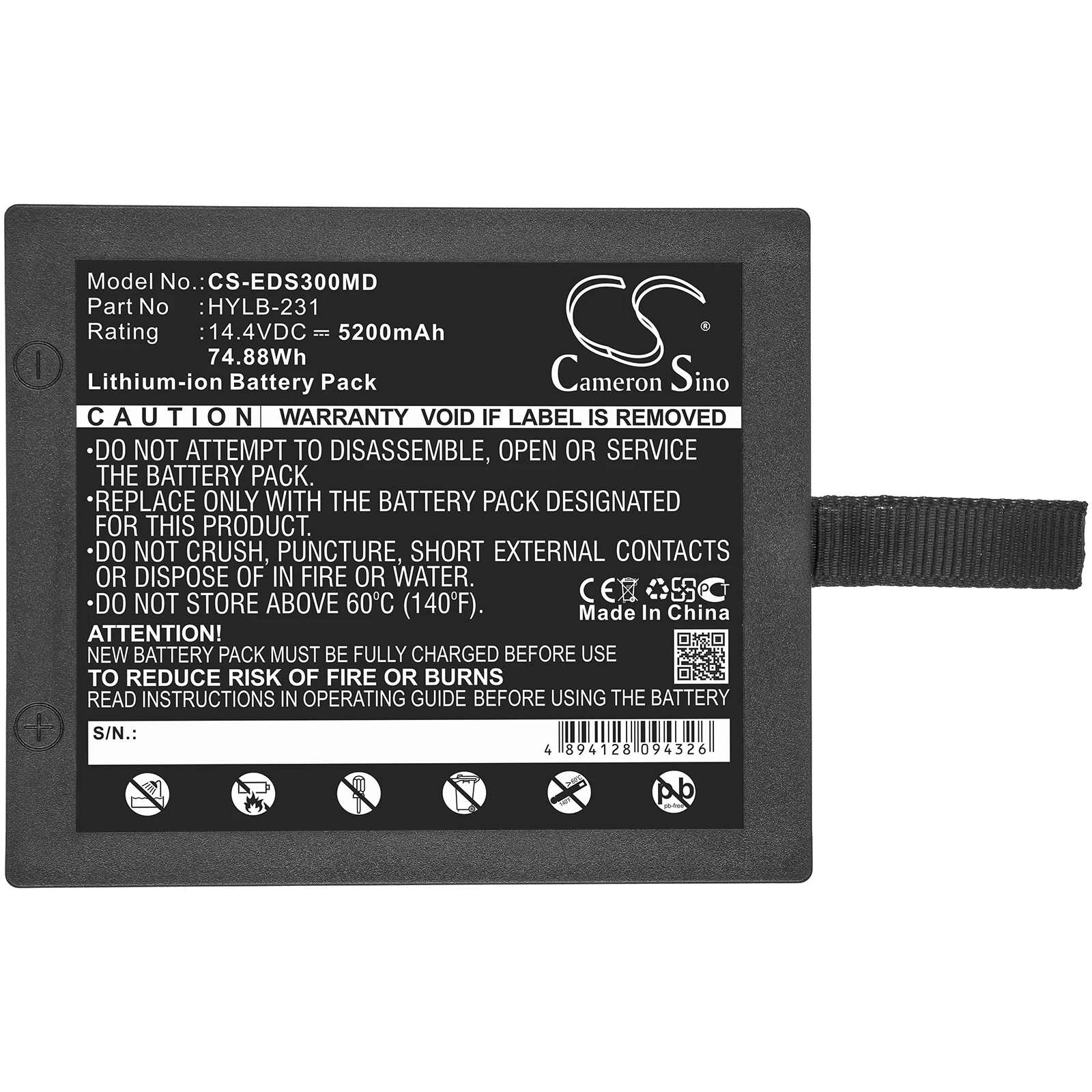 Medical Battery For EDAN HYLB-231EDAN SE-3  SE3 CameronSino Li-ion 14.40V 5200mAh / 74.88Wh Black