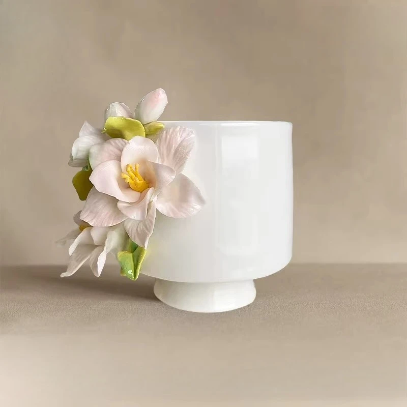Hand pinched flower pink begonia flower ceramic cup coffee cup master cup birthday gift new year gift