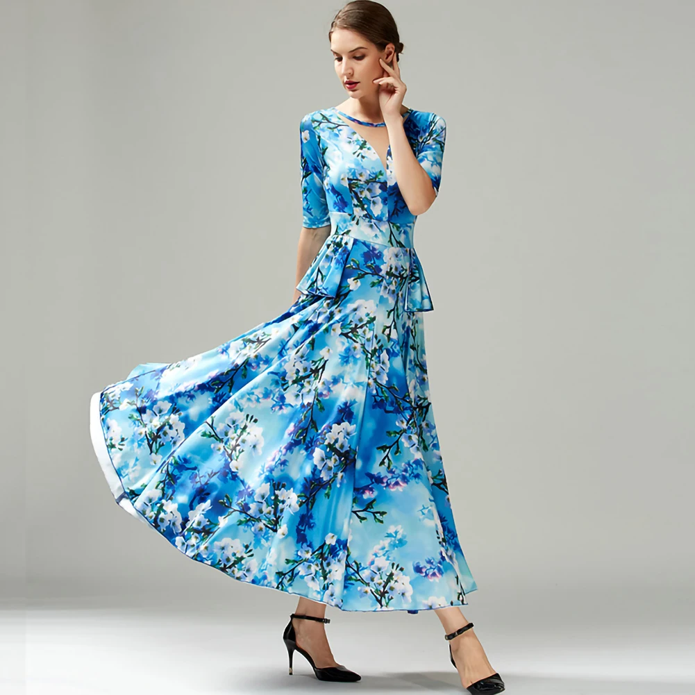 Costume da valzer Abito lungo nero Occasioni formali Manica corta Flamenco Girocollo Sala da ballo Abito da spettacolo blu