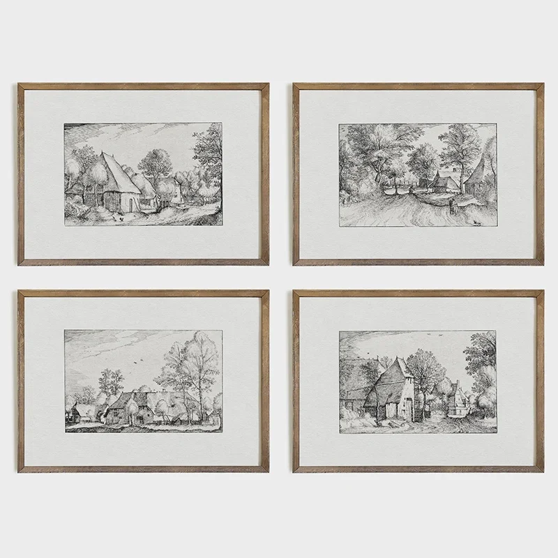 Vintage Landscape Country House Art Poster  Antique Drawing Sketch Style Canvas Painting Wall Prints for Home Room Decor