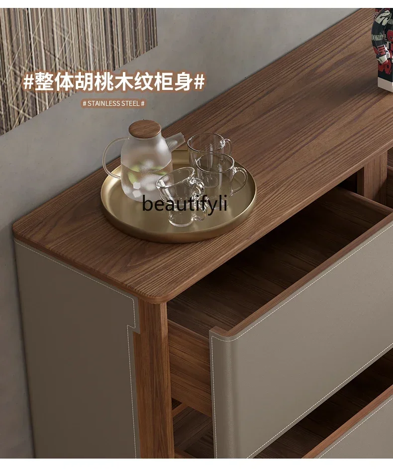 Italian saddle leather dining side cabinet solid wood entrance living room six drawers chest cabinet storage TV cabinet