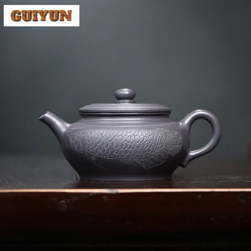 

200ml High-end Yixing Purple Clay Teapots Handmade Fish Pot Raw Ore Azure Mud Kettle With Filter Chinese Zisha Tea Set Cha Craft