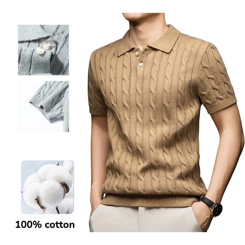 

100% Cotton Men's Knitted Polo Shirt Short Sleeve Cotton Cable Knit Retro Turn-down Collar Casual Business Top