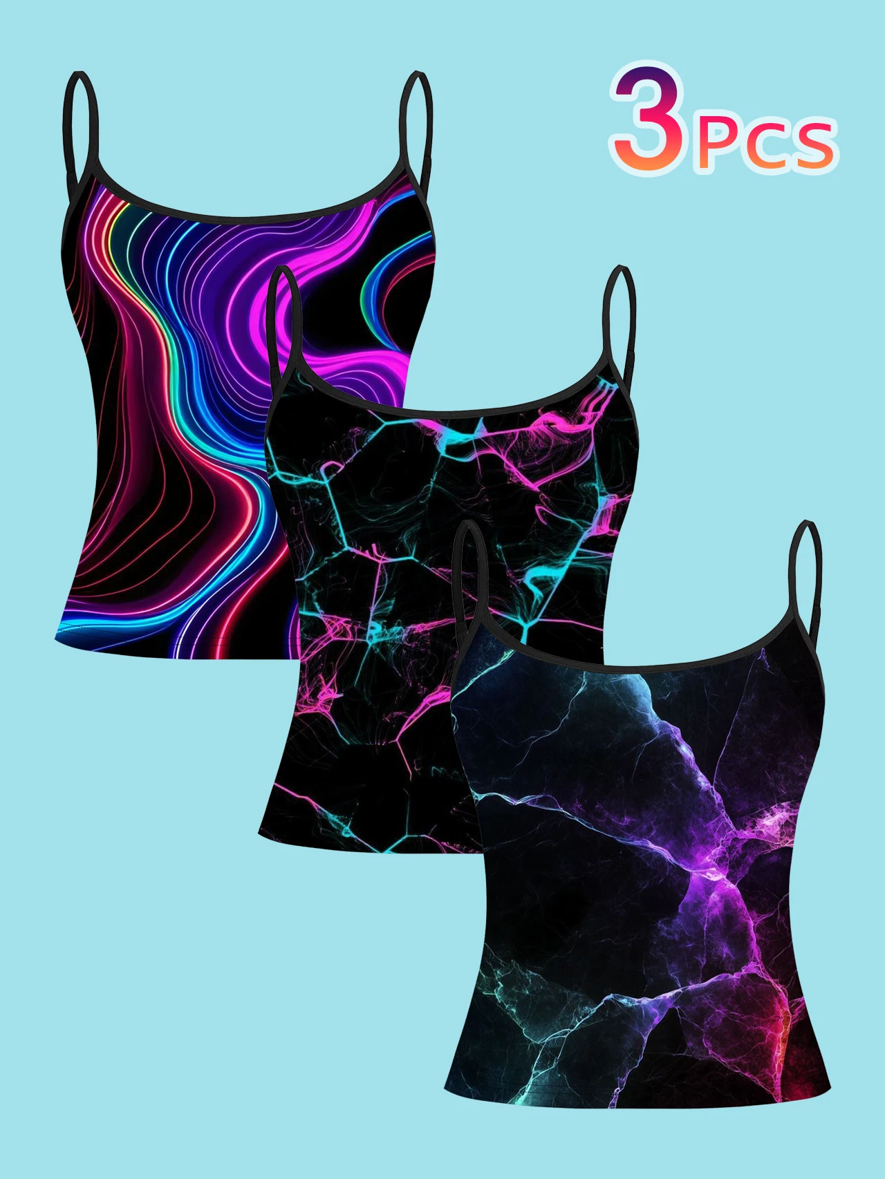 3-Pack Women's Neon Ripple Crack Print Camisole Cyber Style Luminous Pattern Fluid Slim-Fit Spaghetti Strap Sleeveless Base Top