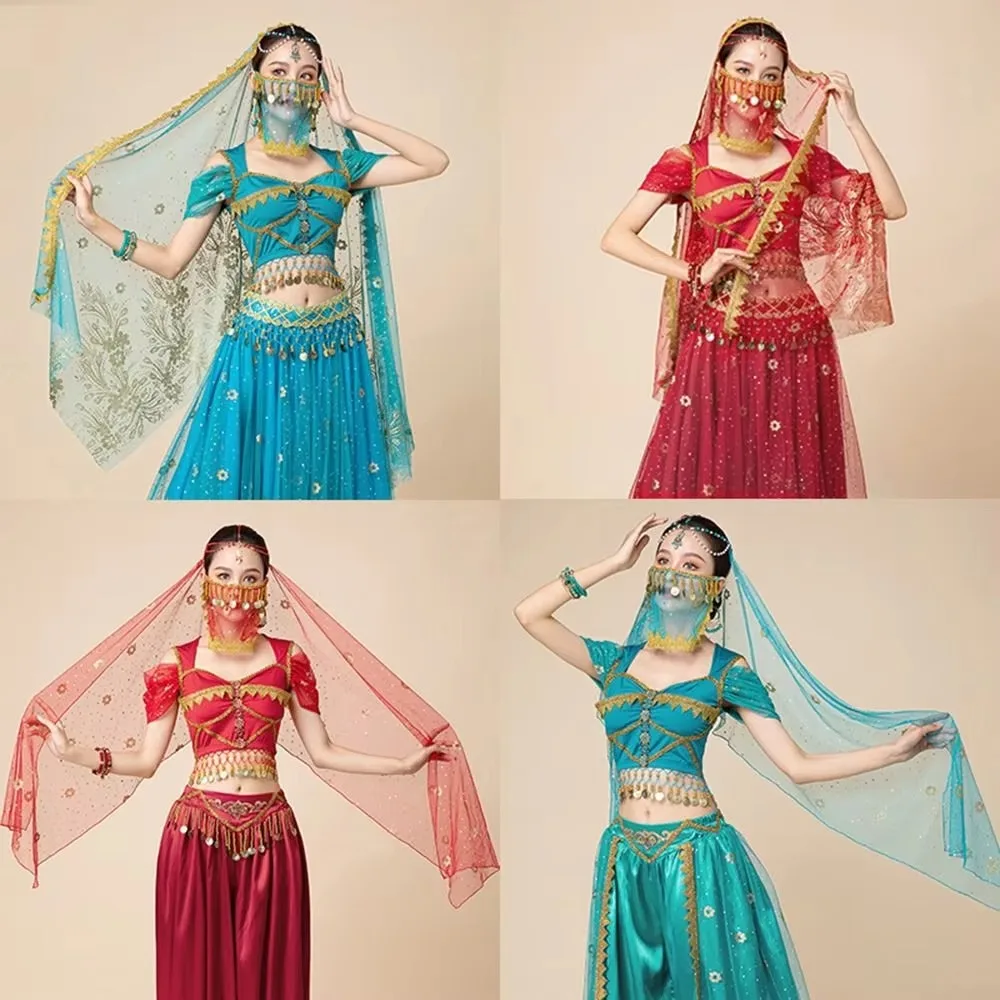 Traditional Flower Pattern Head Scarf Mesh Red Blue Dance Performance Headscarf Belly Dance Headdress Dance Performance