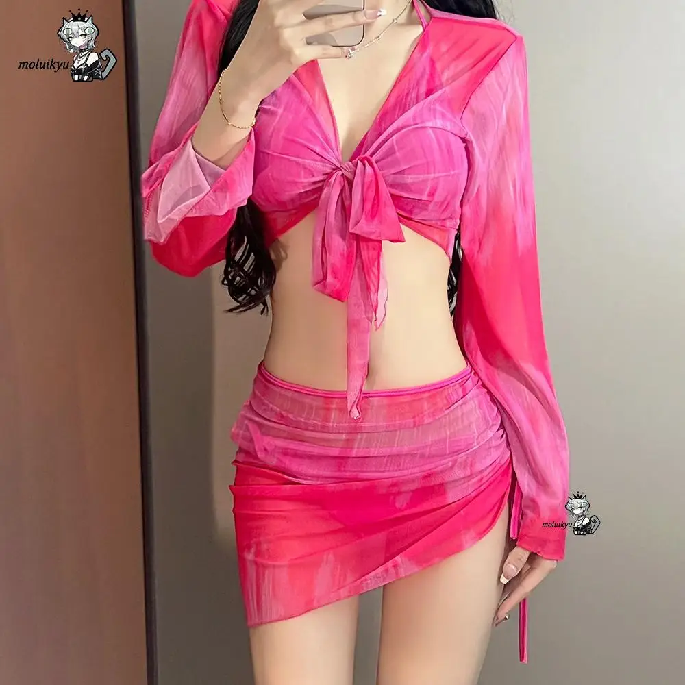4Pcs Bikini Set Y2K Style Sexy Tie Dye Halter Sheer Fashion Cover Up Skirt Long Sleeve Swimwear Women Summer New Beachwear Gift