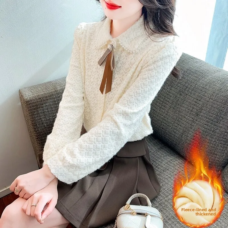

Модная женская кружевная рубашка на флисовой подкладке с узлом, в корейском стиле, прямого кроя, с длинными рукавами, для ношения под одеждой