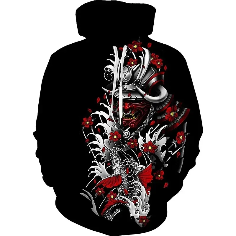 Men's Vintage Japanese Samurai Graphic Hoodies Autumn Winter Outdoor Street Casual Long Sleeve Tops Retro Harajuku Style Clothes