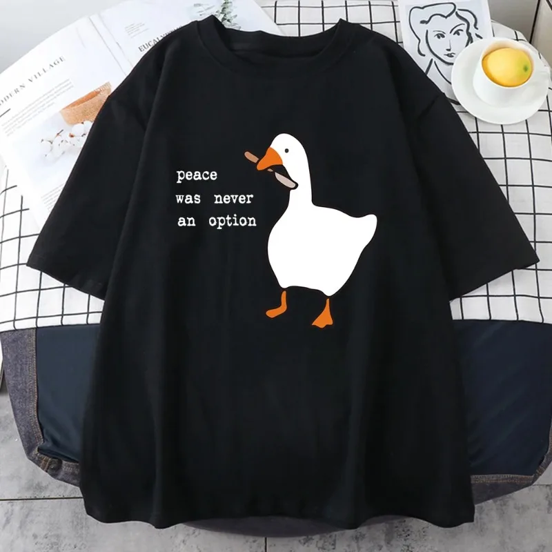 

Peace Was Never An Option Letter Printed Men Cotton T-shirt Creative Duck Print Men's Tshirt Fashion Casual Loose Couple T-shirt