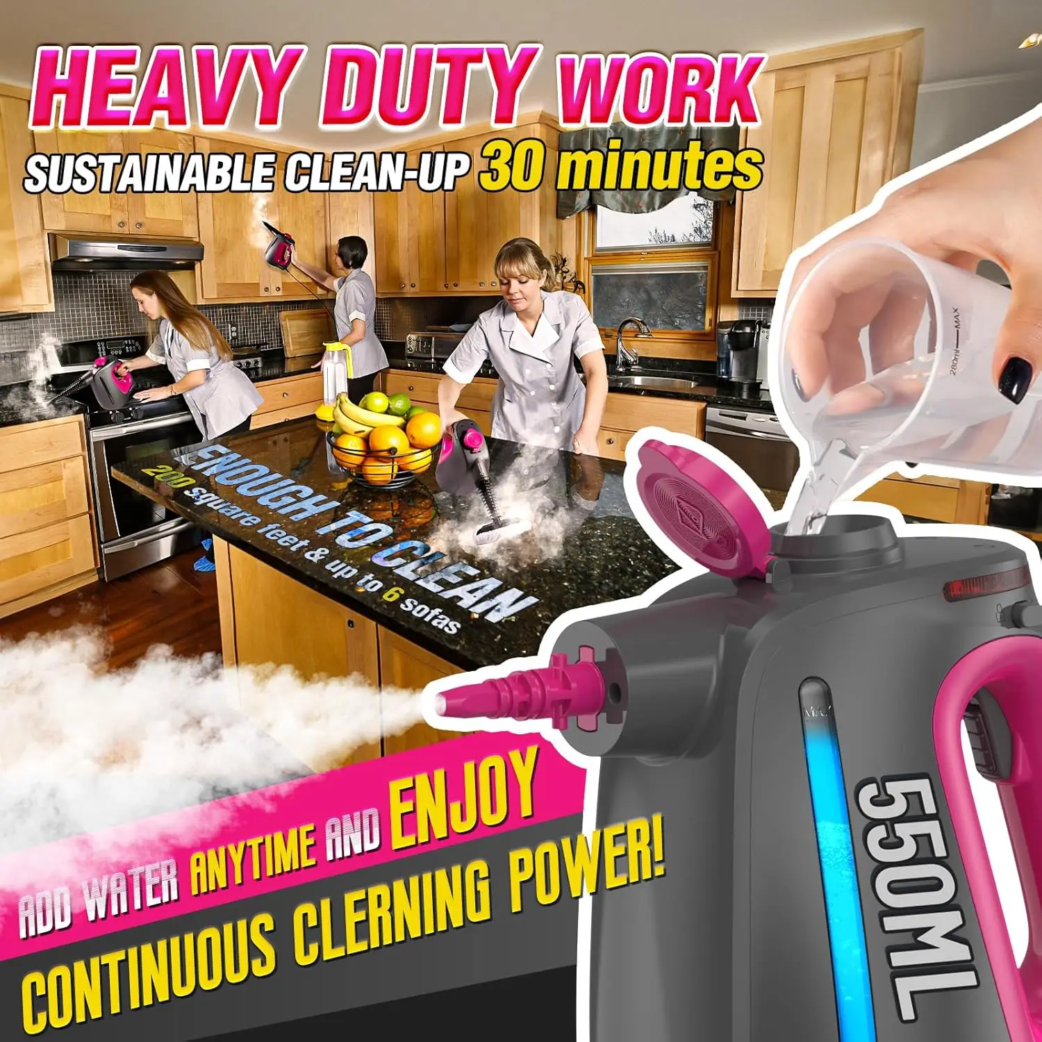 잠금 가능한 스팀 버튼과 11개의 액세서리가 포함된 견고한 휴대용 스팀 청소기, 연속 스팀을 위한 무제한 물 추가