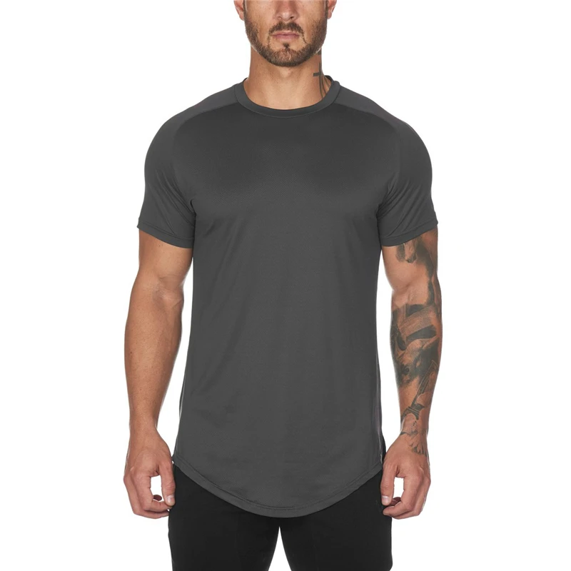 Solid Color Mesh Breathable Quick Dry T-Shirt Mens Running Sports Short Sleeves Top Tees Gym Bodybuilding Fitness Slim Fit Shirt