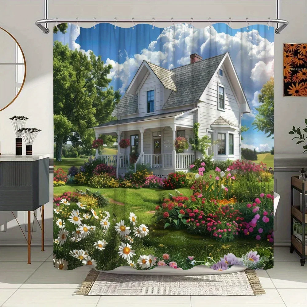 

YXCharming Victorian House Shower Curtain - Vibrant Garden Scene, Polyester, 12 Hooks, Idyllic Countryside Bath Décor